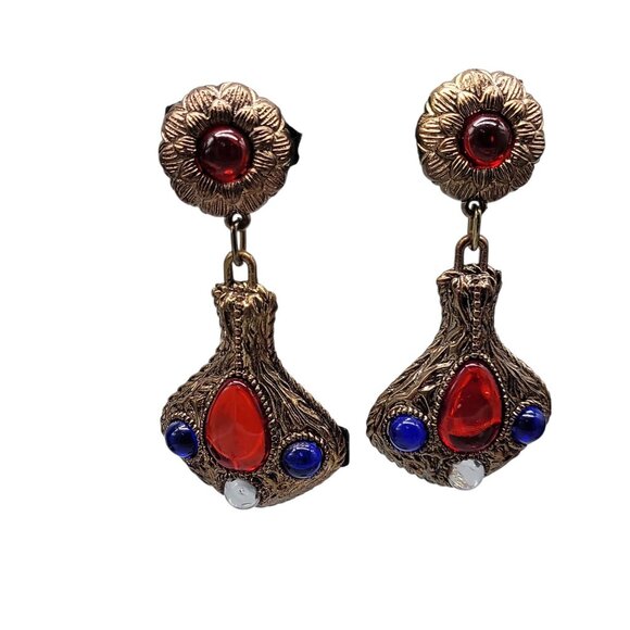 Vintage 1960s 70s Boho Clip On Earrings Red Blue White Cabochon Gold Tone Dangle - Picture 13 of 13